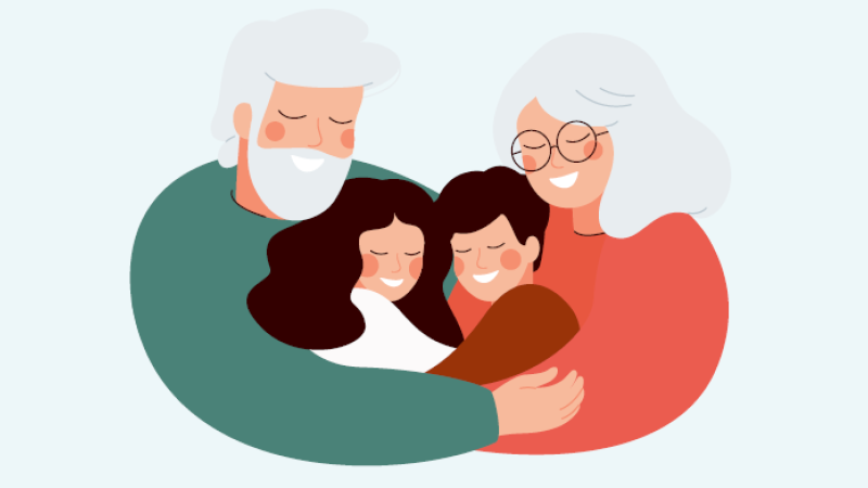 Illustratie grootouders die kleinkinderen in de armen nemen